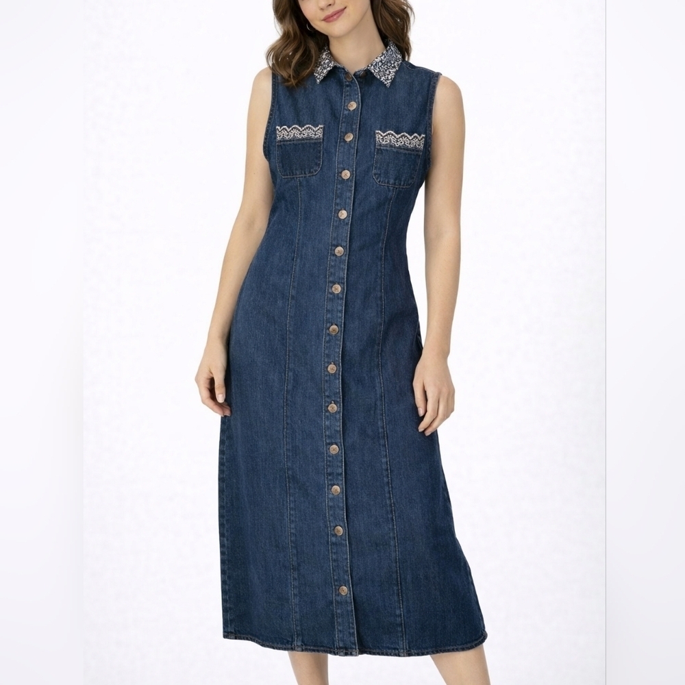 Vtg JIM ELLIOT Western Denim Chambray Sleeveless Button Down Midi Dress